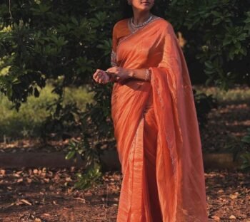 Orange Floral Organza Silk Saree: Embroidered Blouse,orange tissue silk saree,hand work saree blouse,tissur scallop saree,hand embroidery