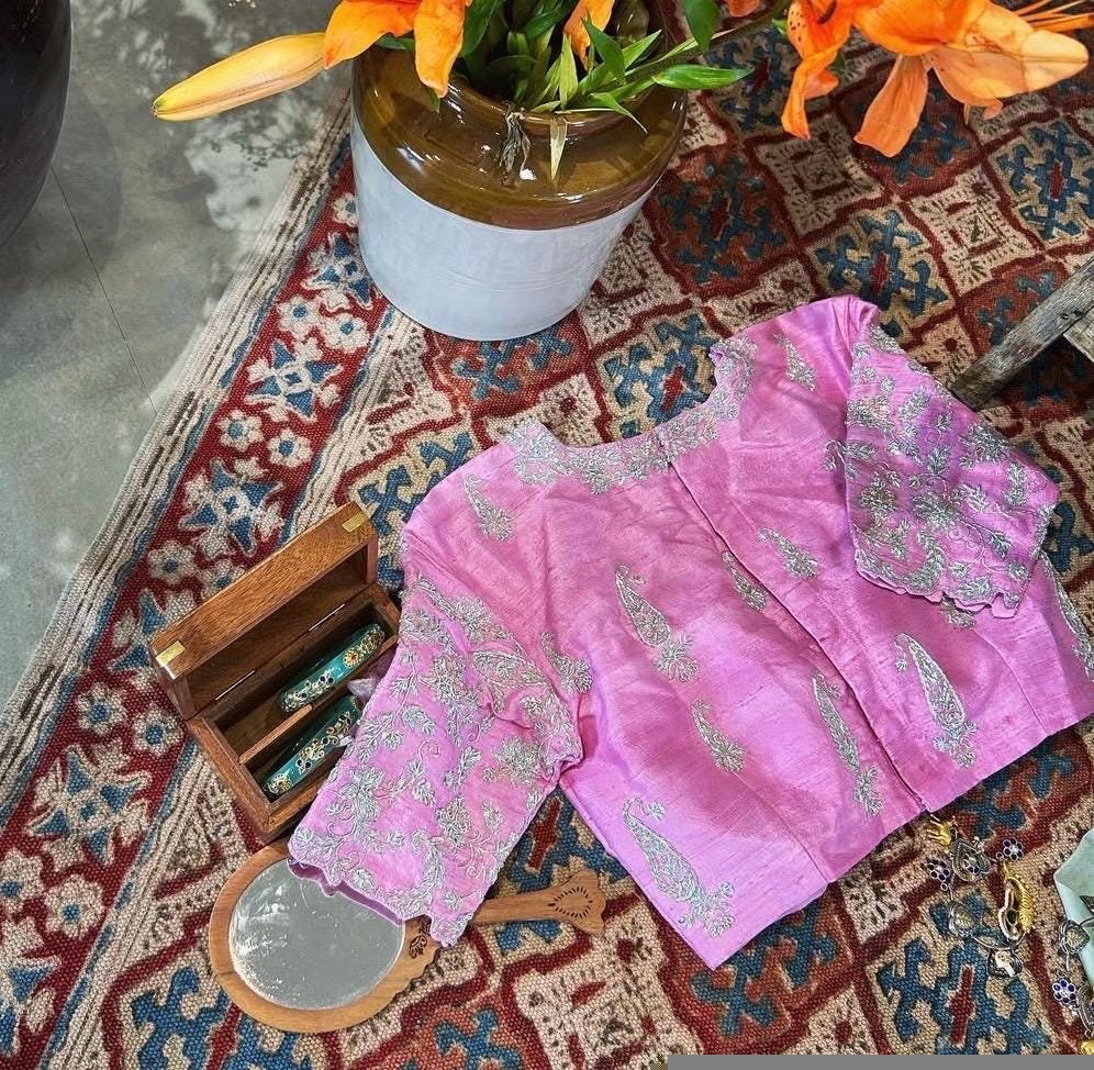 Hand Embroidered Silk Blouse: Light Pink Zardosi Maggam Work,tissue pink blouse,blush pink blouse,light pink maggam saree blouse,plus size