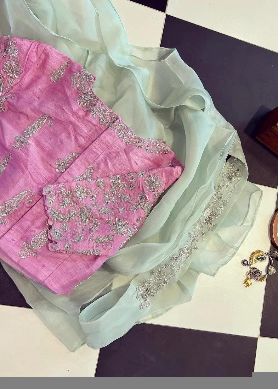 Hand Embroidered Silk Blouse: Light Pink Zardosi Maggam Work,tissue pink blouse,blush pink blouse,light pink maggam saree blouse,plus size