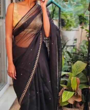 Pure silk cocktailsaree/black sari with hand embroidery/organza silk saree with designer blouse /black saree,party saree,full sleeve blouse