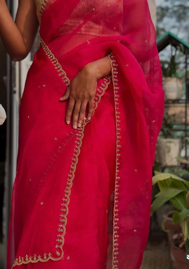 Pure silk cocktailsaree/pink sari with hand embroidery/organza silk saree with designer blouse /pink saree,party saree, sleeveless blouse us