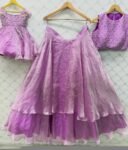 Lavender Silk Lehenga Set: Hand Embroidered Crop Top, Indian Wedding Outfit,lavender lehenga, crop top lehenga,tissue lehenga,crop top skirt