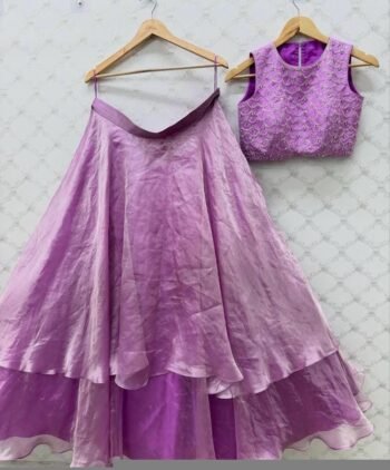 Lavender Silk Lehenga Set: Hand Embroidered Crop Top, Indian Wedding Outfit,lavender lehenga, crop top lehenga,tissue lehenga,crop top skirt