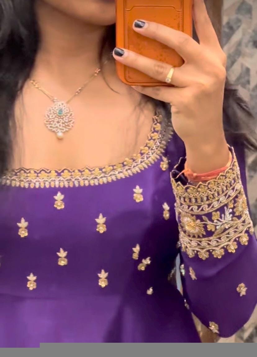 Hand embroidered Anarkali with dupatta/purple anarkali suit set/chinnon silk anarkali dupatta USA/Indian dresses/anarkali dress with dupatta
