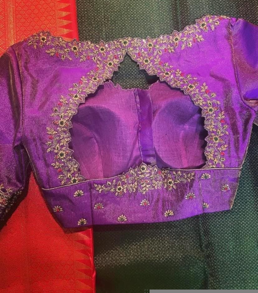 Lavender Hand Embroidered Silk Blouse: Zardosi Maggam Work, lavender tissue blouse,lavender blouse,maggam blouse, mix and match blouse usa
