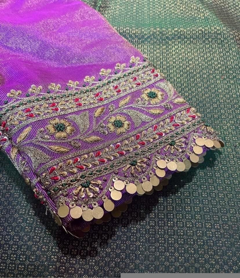 Lavender Hand Embroidered Silk Blouse: Zardosi Maggam Work, lavender tissue blouse,lavender blouse,maggam blouse, mix and match blouse usa