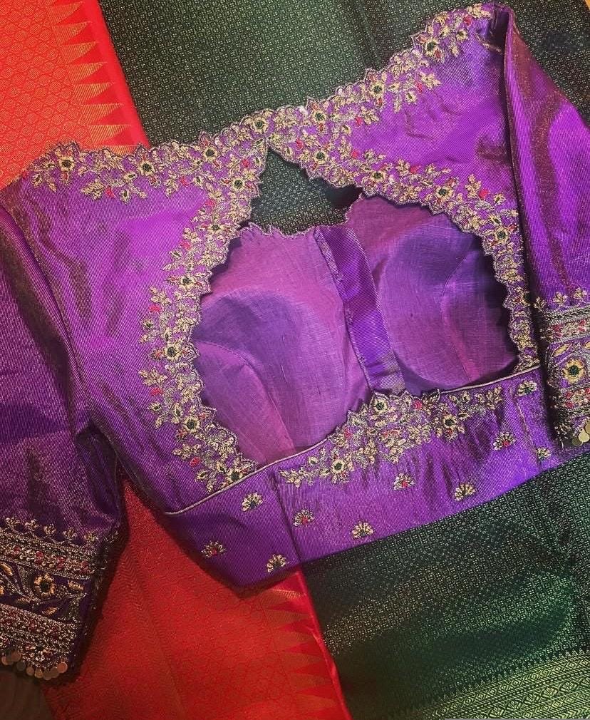 Lavender Hand Embroidered Silk Blouse: Zardosi Maggam Work, lavender tissue blouse,lavender blouse,maggam blouse, mix and match blouse usa