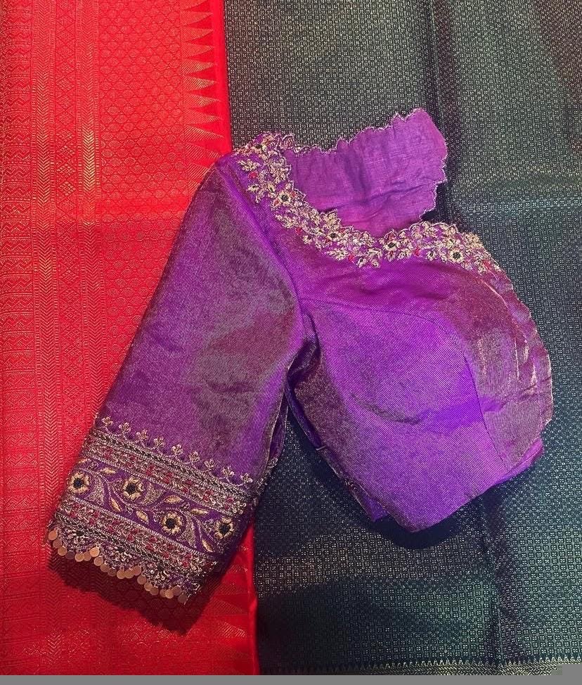 Lavender Hand Embroidered Silk Blouse: Zardosi Maggam Work, lavender tissue blouse,lavender blouse,maggam blouse, mix and match blouse usa