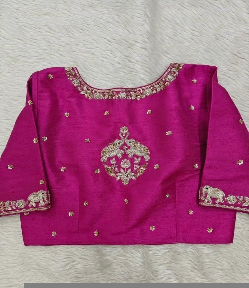 Hand Embroidered Zardosi Silk Blouse: Pink Maggam Work,hand work blouse, 42 size blouse, pink mix and match blouse, pink saree blouse USA