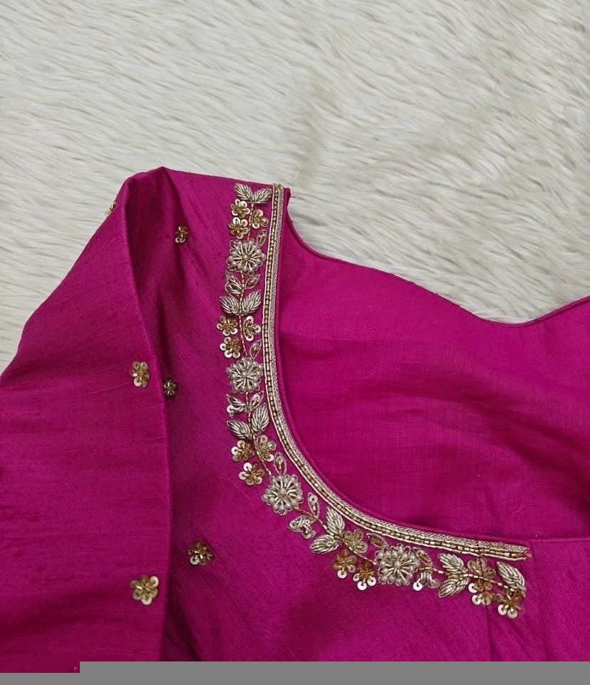 Hand Embroidered Zardosi Silk Blouse: Pink Maggam Work,hand work blouse, 42 size blouse, pink mix and match blouse, pink saree blouse USA