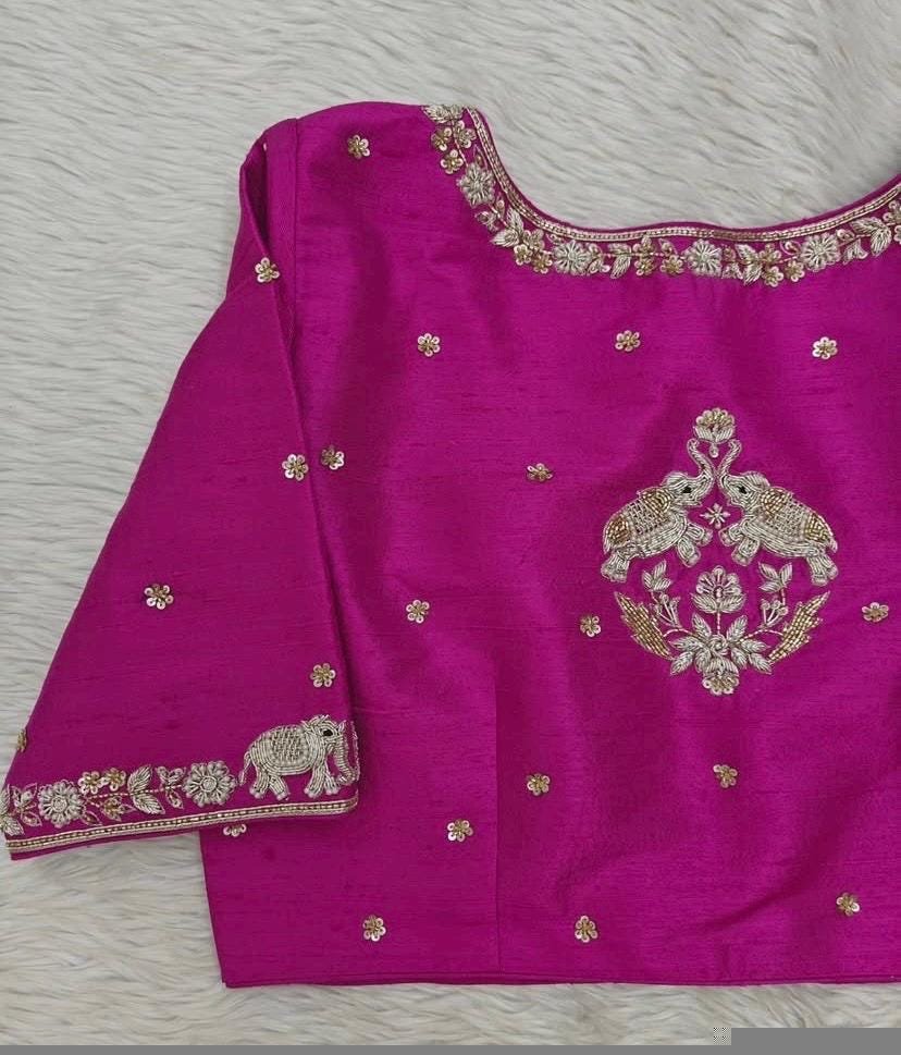 Hand Embroidered Zardosi Silk Blouse: Pink Maggam Work,hand work blouse, 42 size blouse, pink mix and match blouse, pink saree blouse USA
