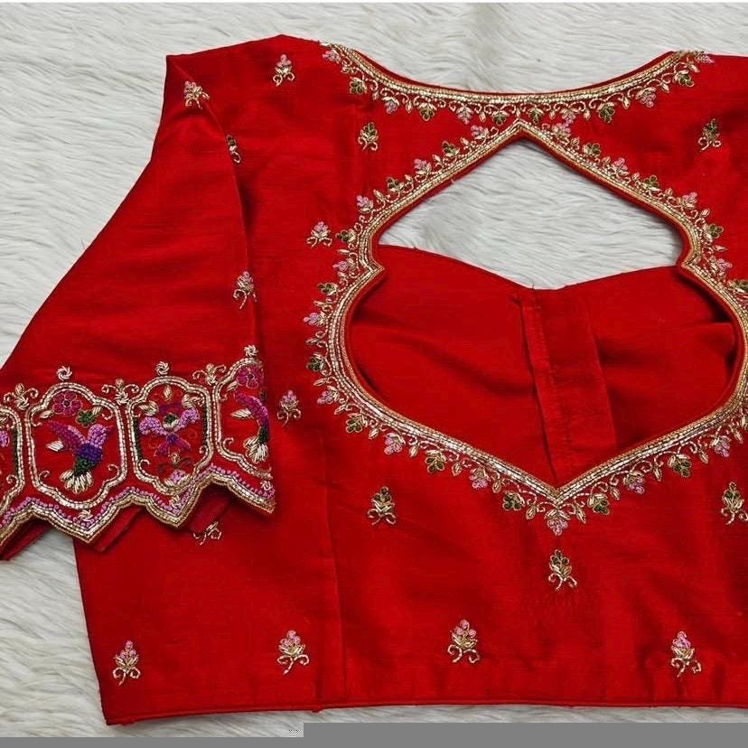Hand Embroidered Pure Silk Bridal Blouse: Red Zardosi Maggam Work,red handwork blouse,mix and match blouse,plus size blouse,wedding blouse