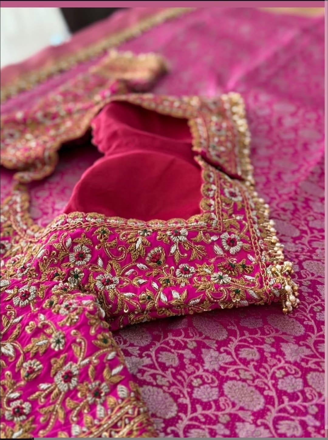 pure silk hand embroidery bridal blouse/maggam blouse/pink bridal work blouse/pink hand embroidered blouse/heavy embroidery wedding blouse