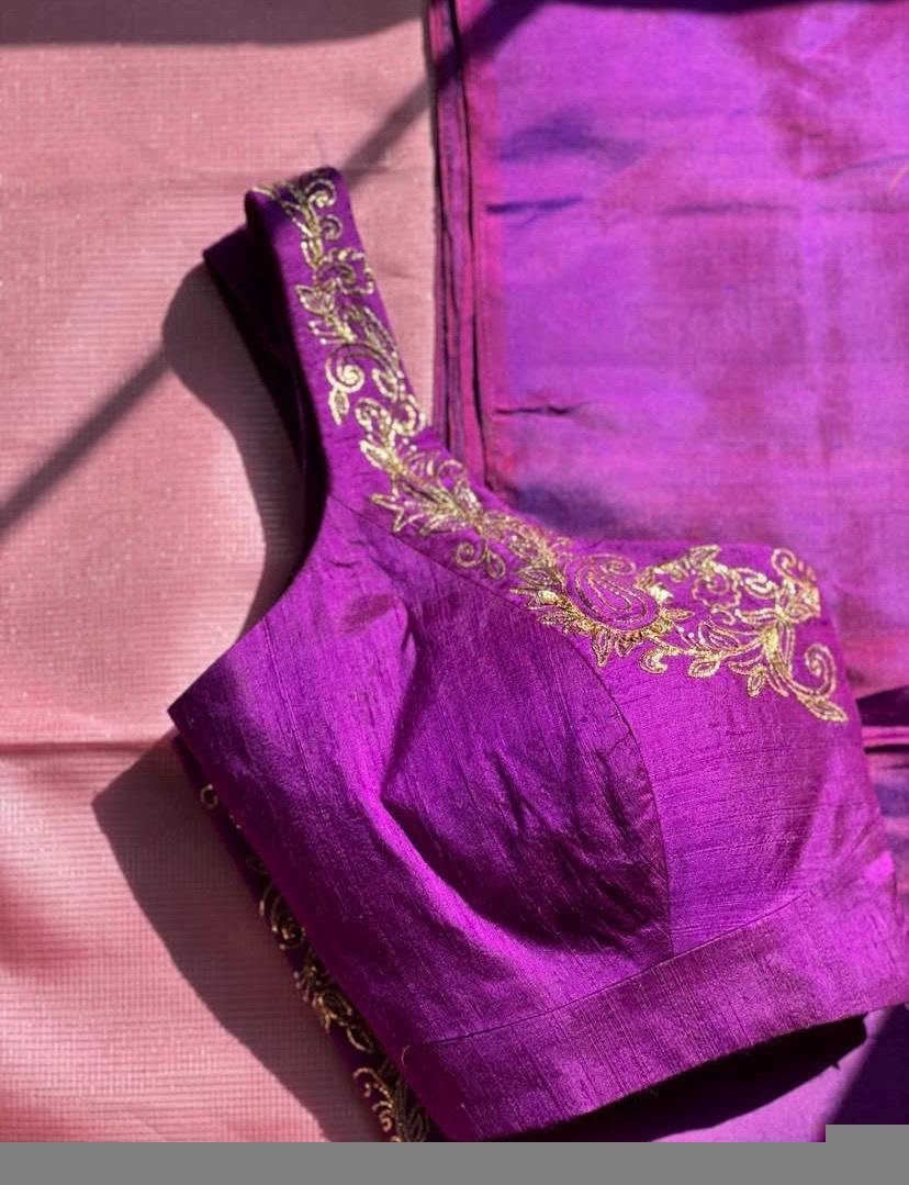 pure silk hand embroidery blouse/purple maggam blouse/purple raw silk zardosi blouse/ hand embroidered blouse/sleeveless ready made blouse