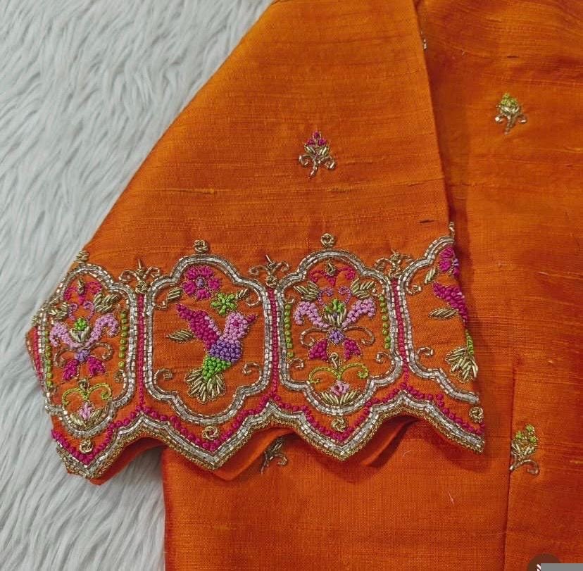 Orange silk hand embroidery blouse/orange saree maggam blouse/orange saree blouse/simplehand embroidered blouse/orange ready made blouse zar