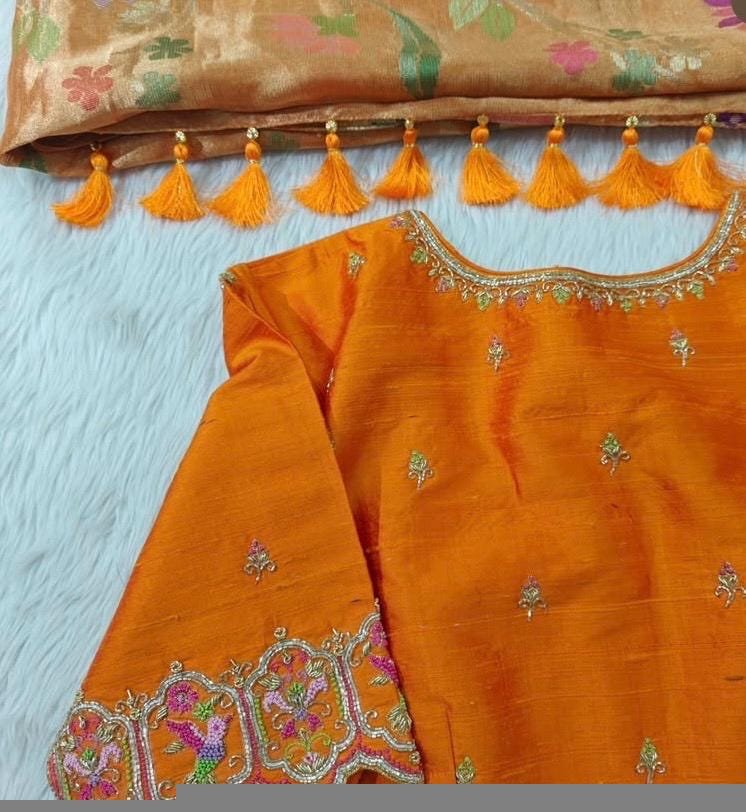 Orange silk hand embroidery blouse/orange saree maggam blouse/orange saree blouse/simplehand embroidered blouse/orange ready made blouse zar