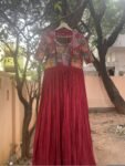 Hand-Painted Kalamkari Anarkali Dress with Dupatta: maroon Silk Embroidered Gown,Kalamkari Anarkali,red Kalamkari dress,hand embroidery usa