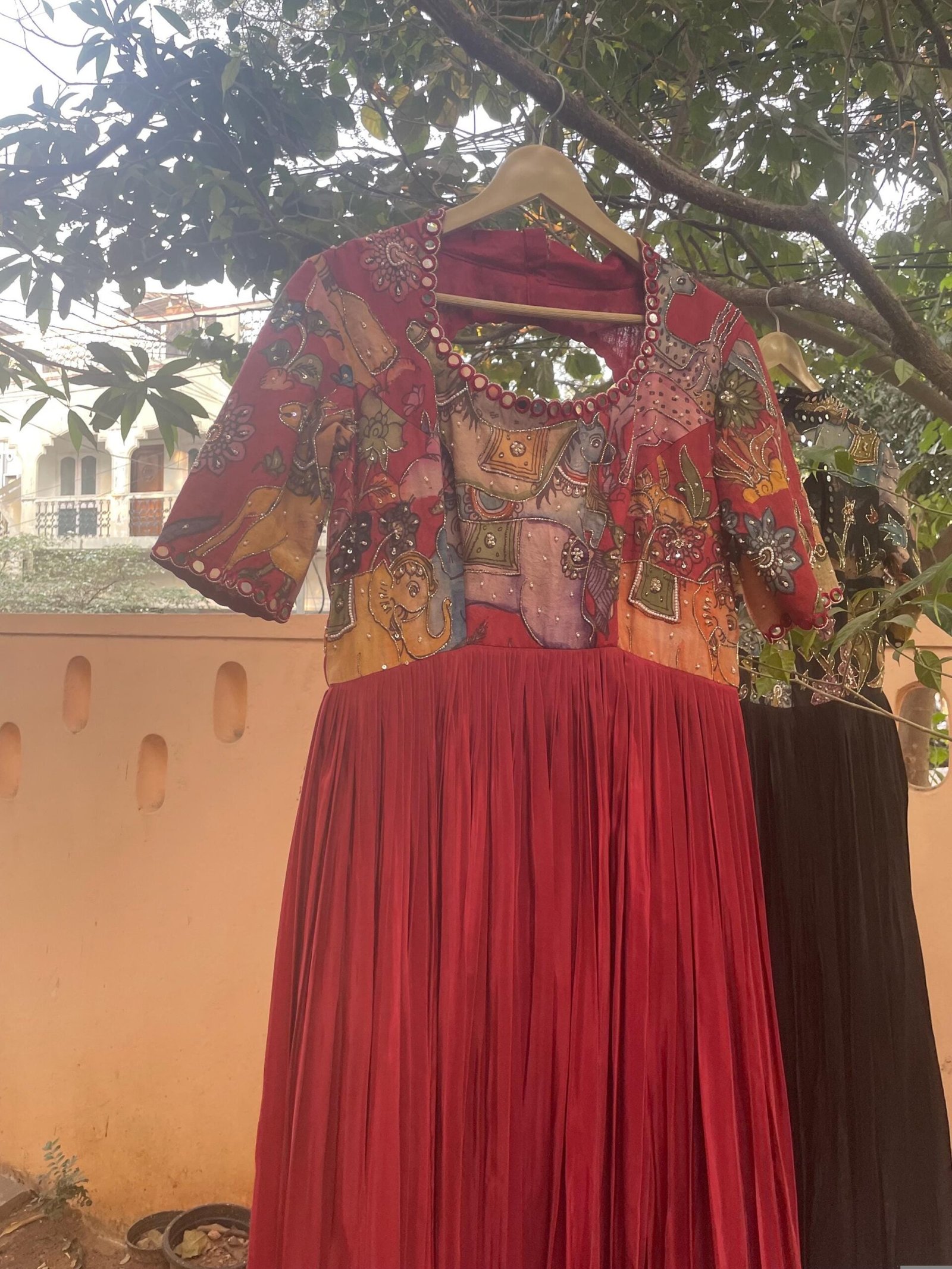 Hand-Painted Kalamkari Anarkali Dress with Dupatta: maroon Silk Embroidered Gown,Kalamkari Anarkali,red Kalamkari dress,hand embroidery usa