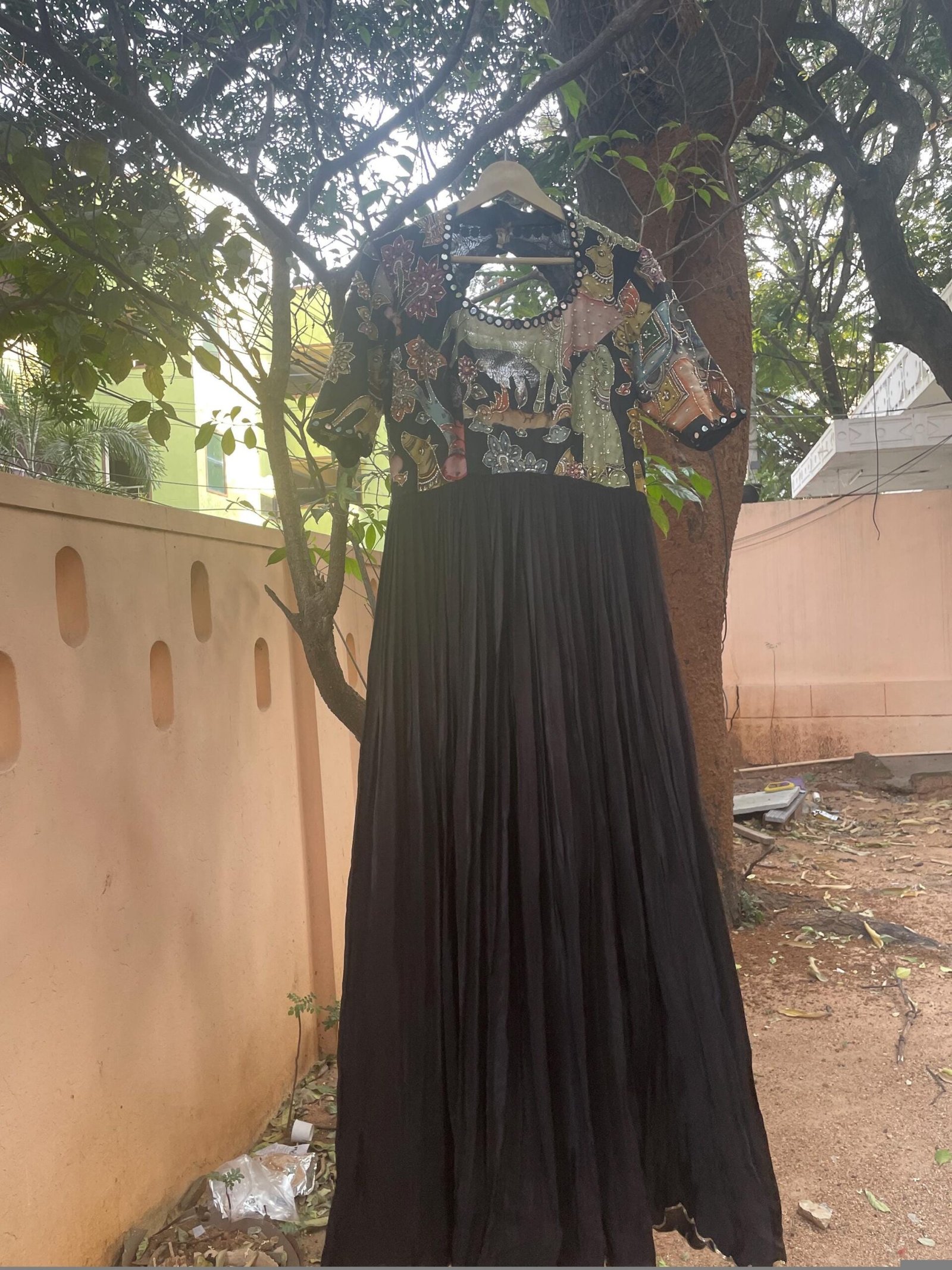 Hand-Painted Kalamkari Anarkali Dress with Dupatta: black Silk Embroidered Gown,Kalamkari Anarkali,black Kalamkari dress,hand embroidery usa