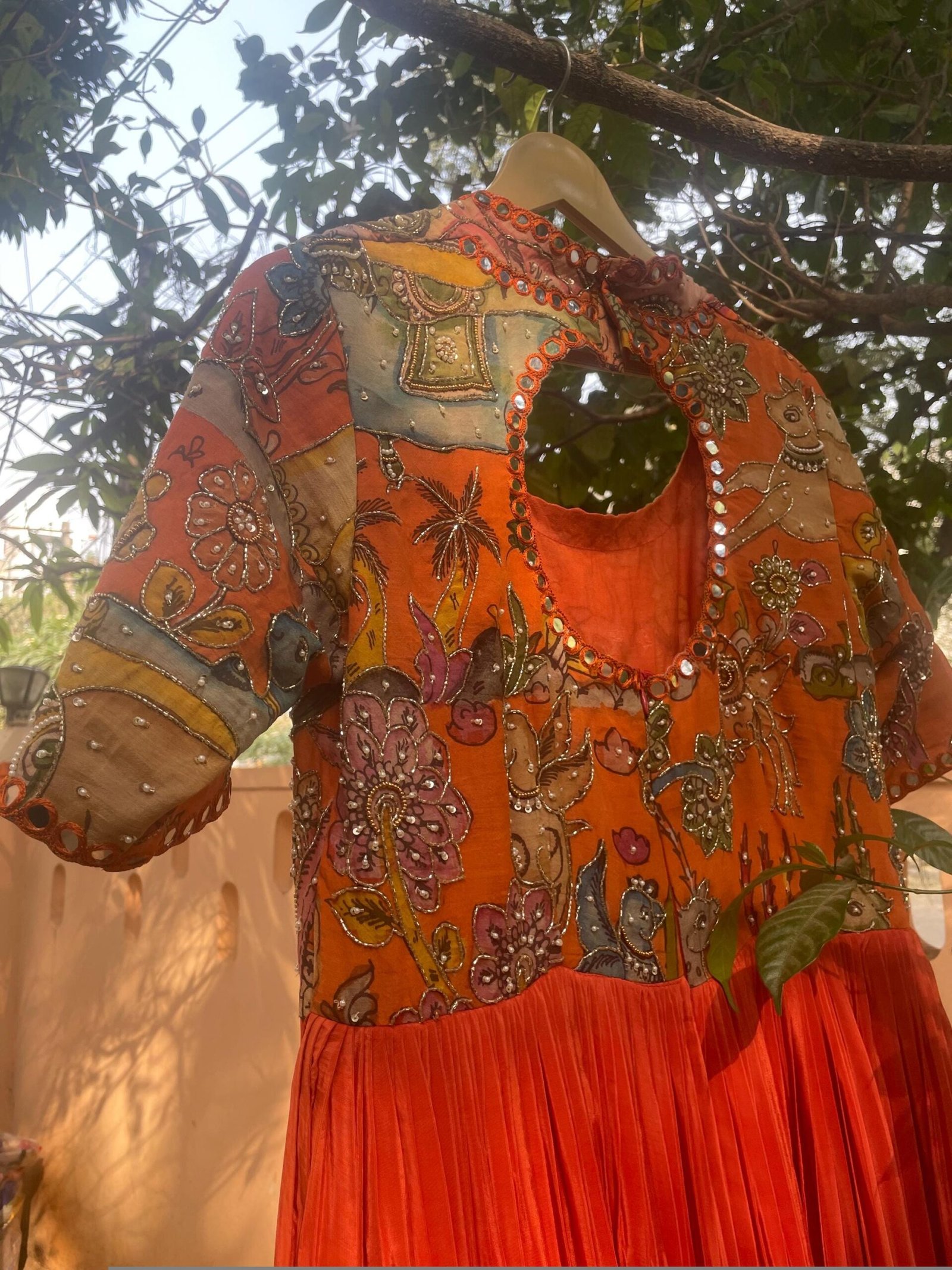 Hand-Painted Kalamkari Anarkali Dress with Dupatta: Orange Silk Embroidered Gown,Kalamkari dress,orange hand painted Kalamkari Anarkali suit