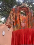 Hand-Painted Kalamkari Anarkali Dress with Dupatta: Orange Silk Embroidered Gown,Kalamkari dress,orange hand painted Kalamkari Anarkali suit
