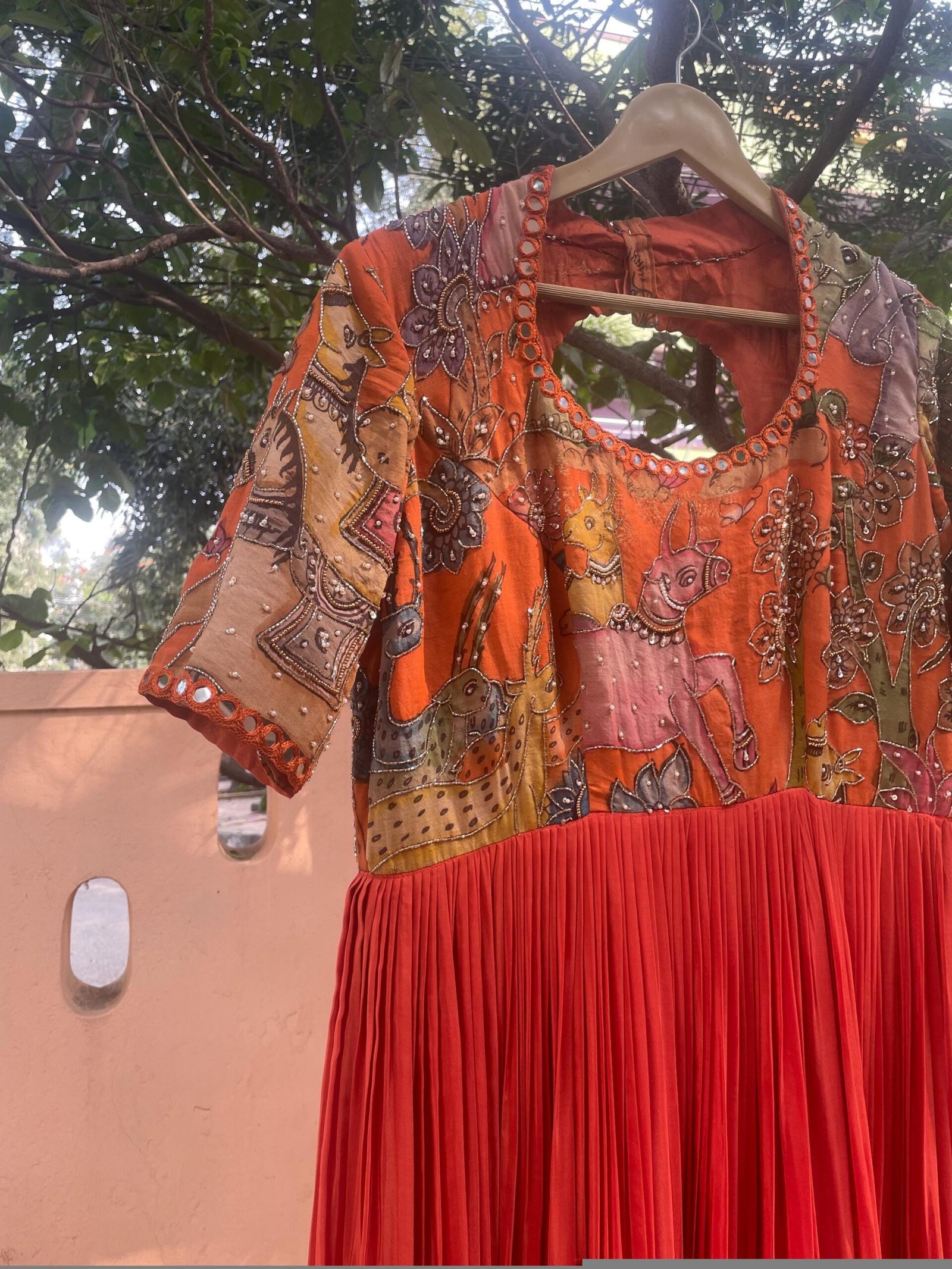 Hand-Painted Kalamkari Anarkali Dress with Dupatta: Orange Silk Embroidered Gown,Kalamkari dress,orange hand painted Kalamkari Anarkali suit