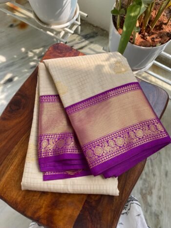 Traditional border silk saree with stitched blouse|traditional saree with readymade blouse/silk sarees USA/semi silk saree/cream purpl saree