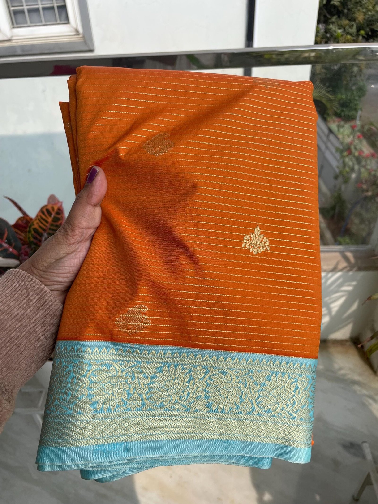 Traditional border silk saree with stitched blouse|traditional saree with readymade blouse/silk sarees USA/semi silk saree/orange blue saree