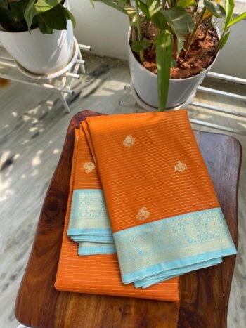 Traditional border silk saree with stitched blouse|traditional saree with readymade blouse/silk sarees USA/semi silk saree/orange blue saree