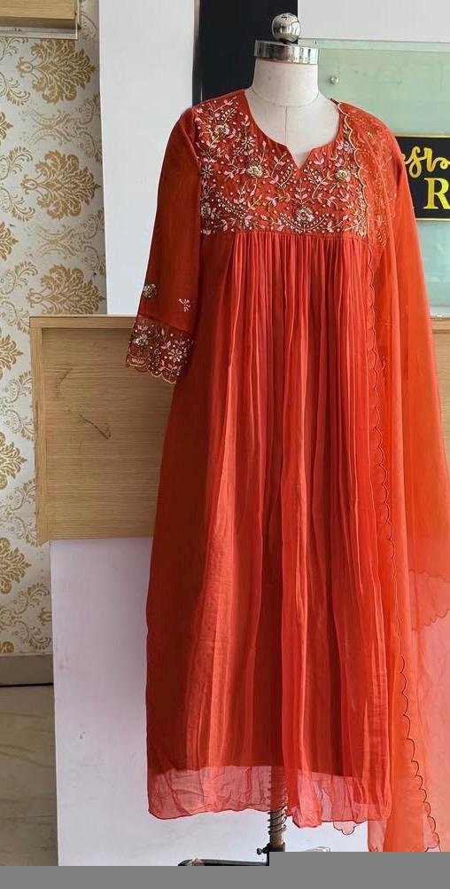 Anarkali suit usa/anarkali orange kurta long sleeve/3/4 sleeve anarkali/orange anarkali/heavy hand embroidered anarkali with dupatta set usa