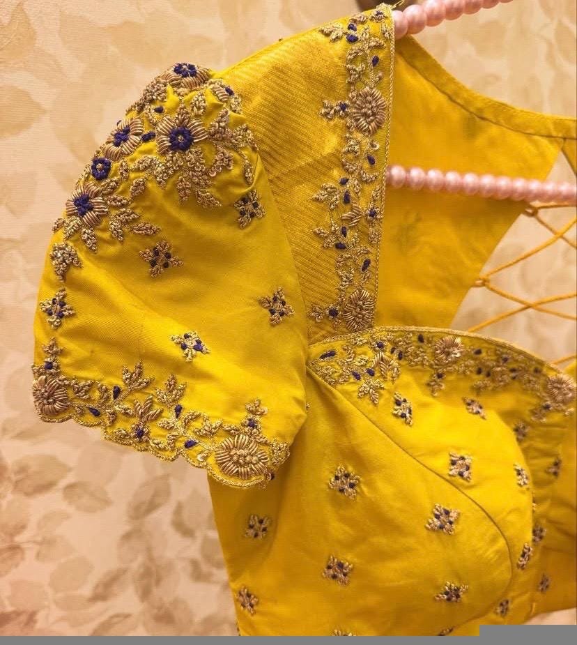 pure silk hand embroidery blouse/saree maggam blouse/yellow zardosi blouse/hand embroidered blouse /mustard yellow ready made blouse zardosi
