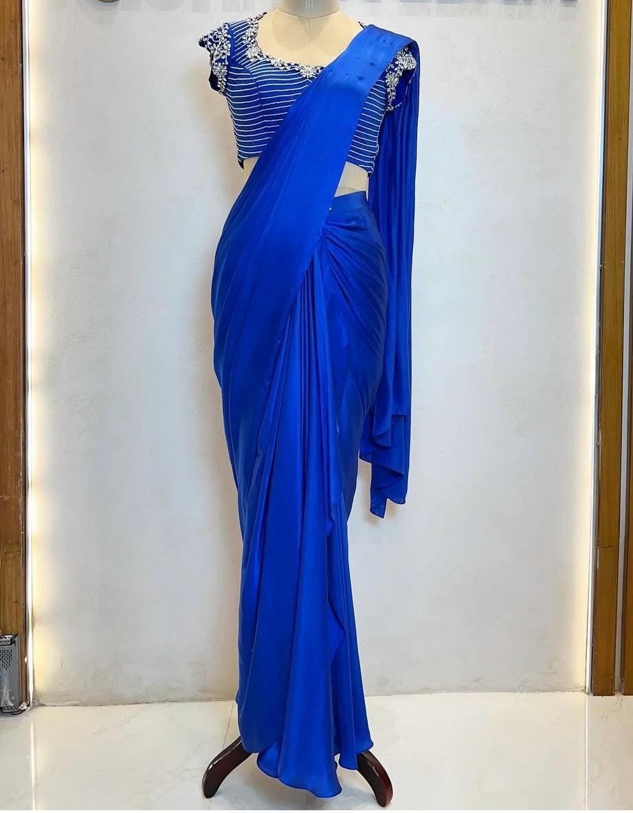 Blue silk saree with hand embroidered blouse/blue georgette saree with handwork blouse |cocktail saree/designer saree with maggam blouse us