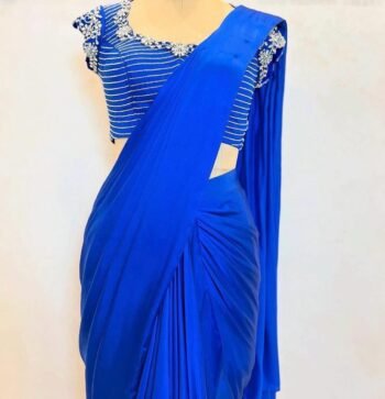 Blue silk saree with hand embroidered blouse/blue georgette saree with handwork blouse |cocktail saree/designer saree with maggam blouse us