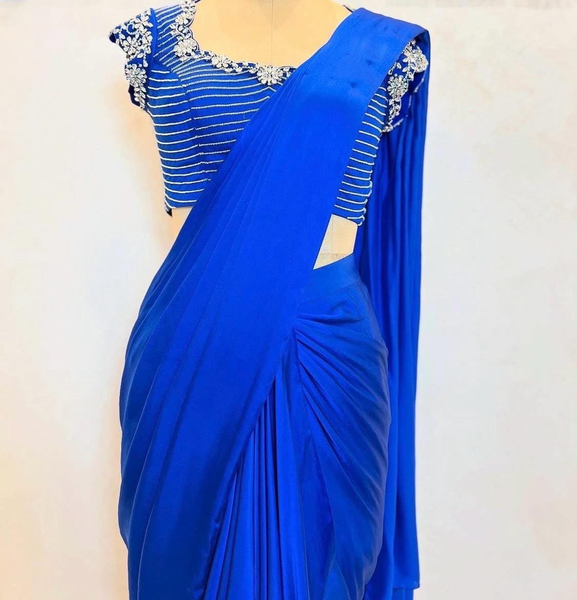 Blue silk saree with hand embroidered blouse/blue georgette saree with handwork blouse |cocktail saree/designer saree with maggam blouse us