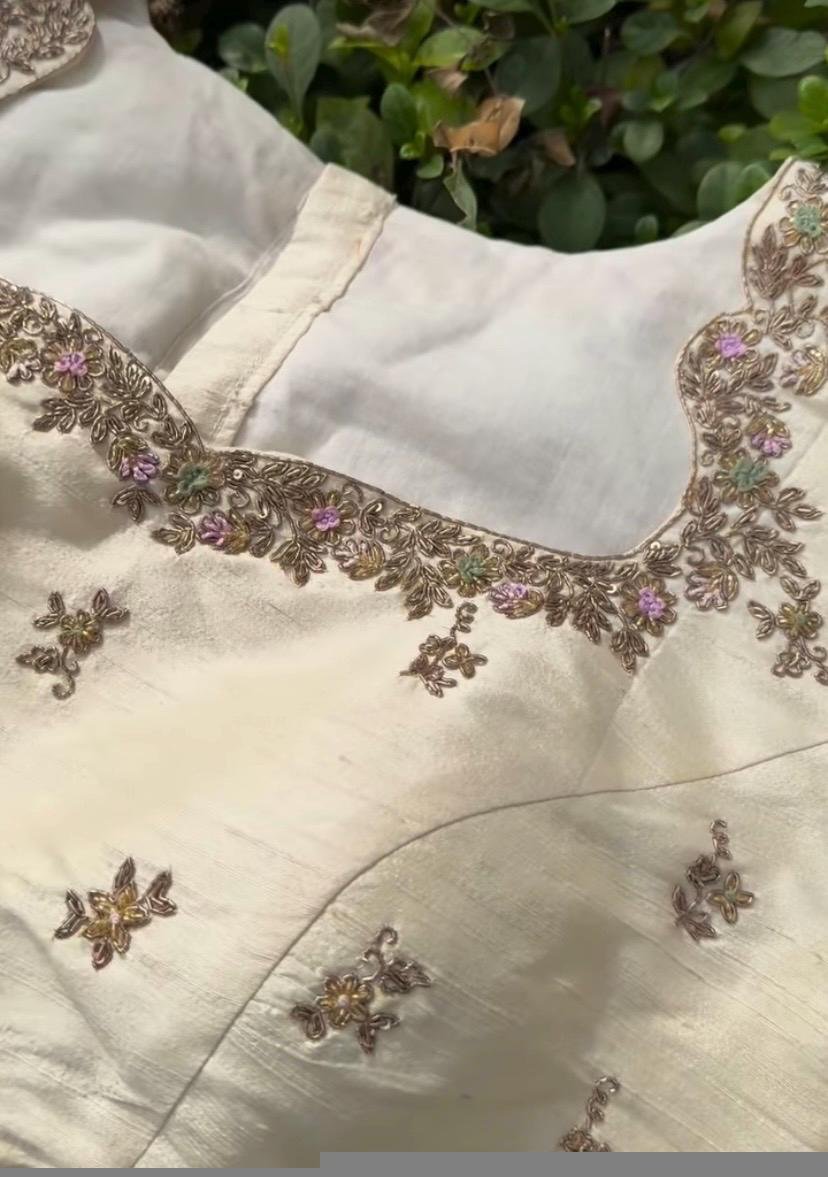 pure silk hand embroidery blouse /modern saree maggam blouse/cream zardosi blouse / hand embroidered blouse/off white ready made blouse