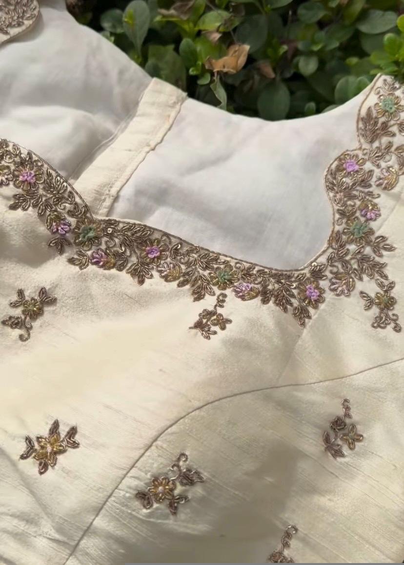 pure silk hand embroidery blouse /modern saree maggam blouse/cream zardosi blouse / hand embroidered blouse/off white ready made blouse