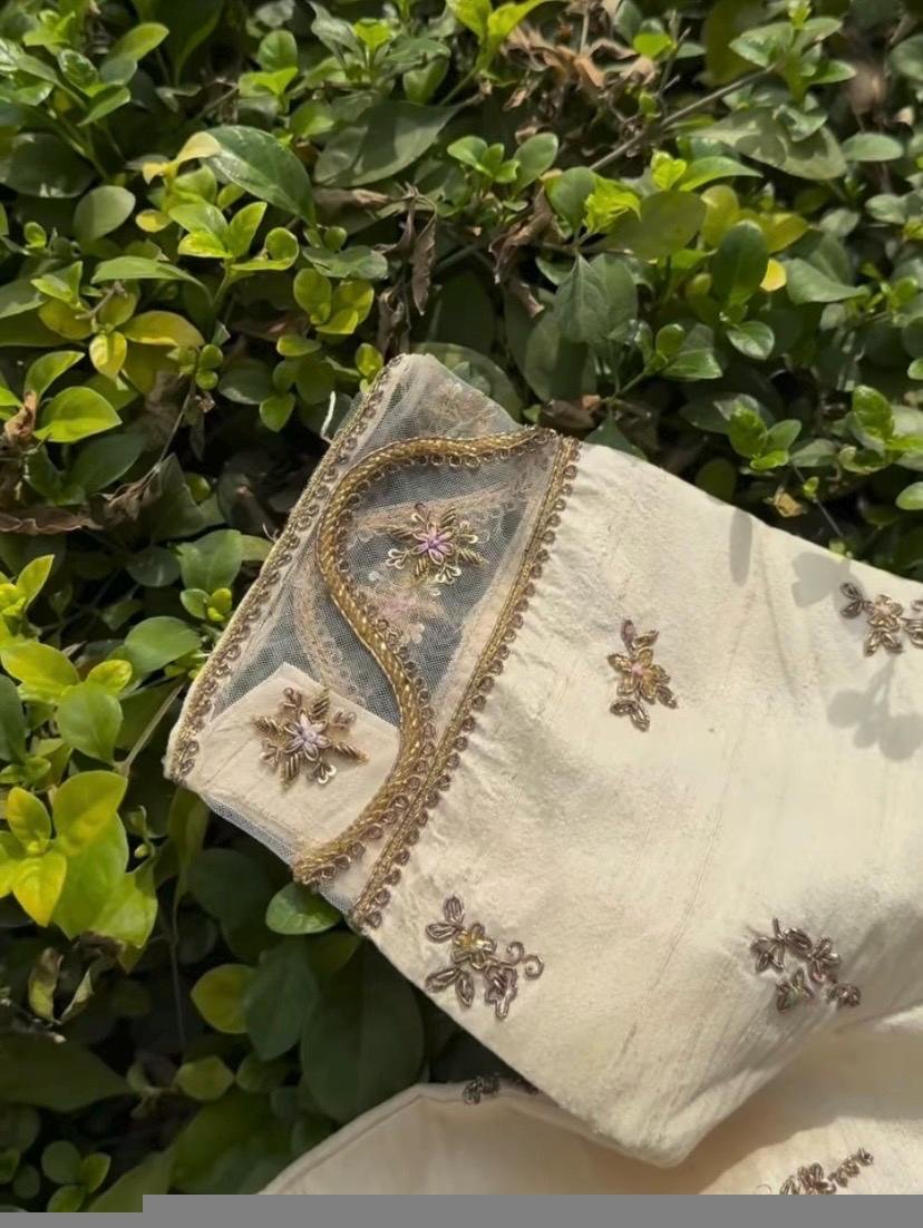 pure silk hand embroidery blouse /modern saree maggam blouse/cream zardosi blouse / hand embroidered blouse/off white ready made blouse