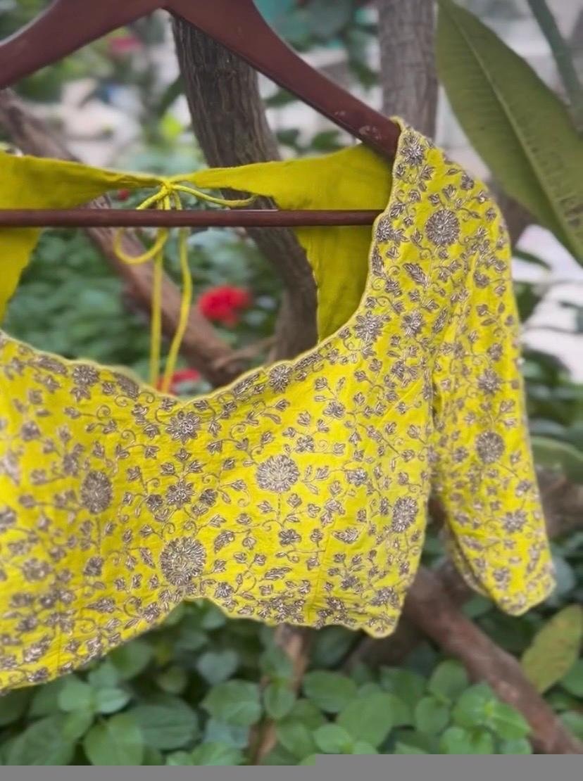 Handmade Pure Silk Bridal Blouse: Yellow Zardosi Embroidery, Maggam Work,heavy bridal blouse,wedding blouse,haldi blouse,yellow maggam blous