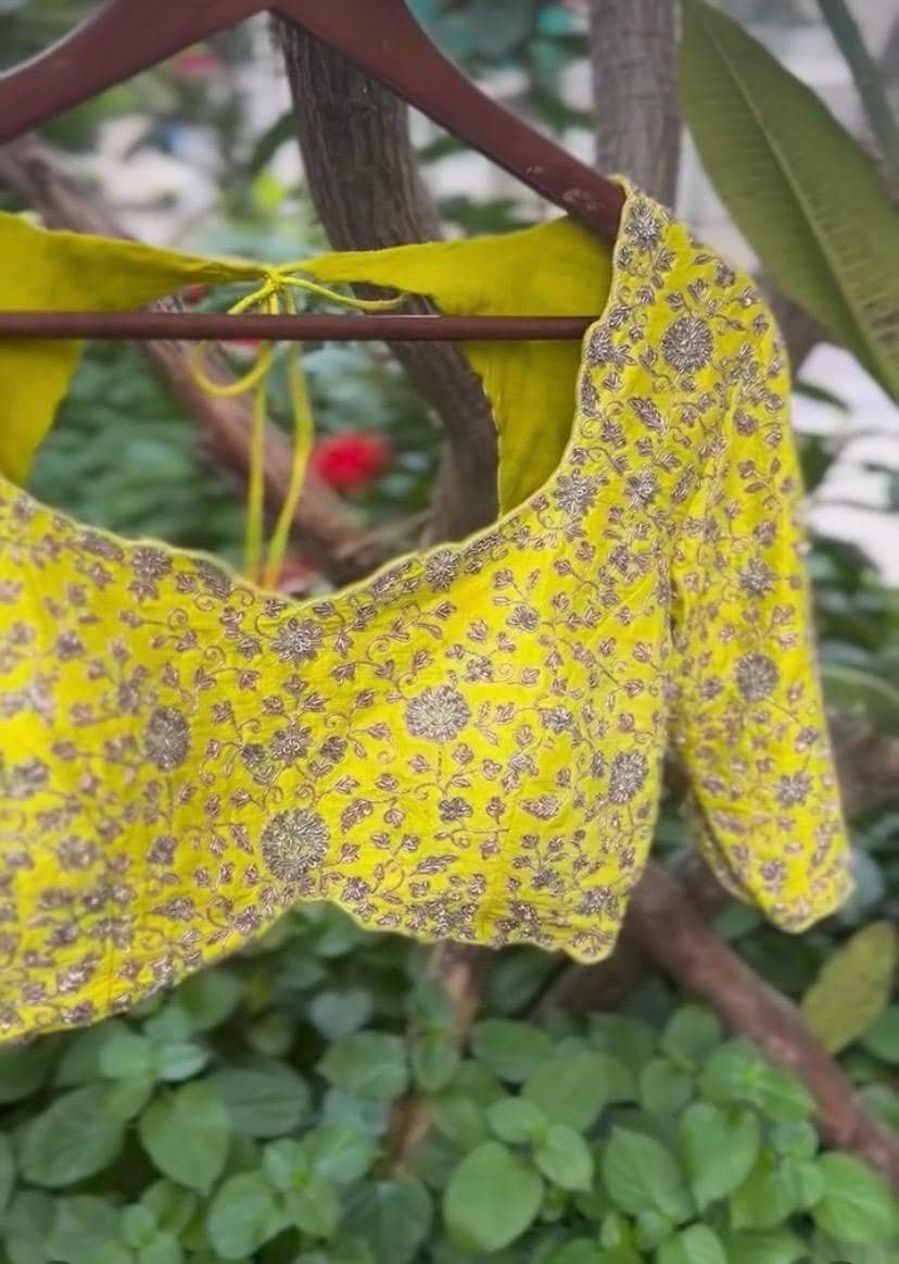 Handmade Pure Silk Bridal Blouse: Yellow Zardosi Embroidery, Maggam Work,heavy bridal blouse,wedding blouse,haldi blouse,yellow maggam blous