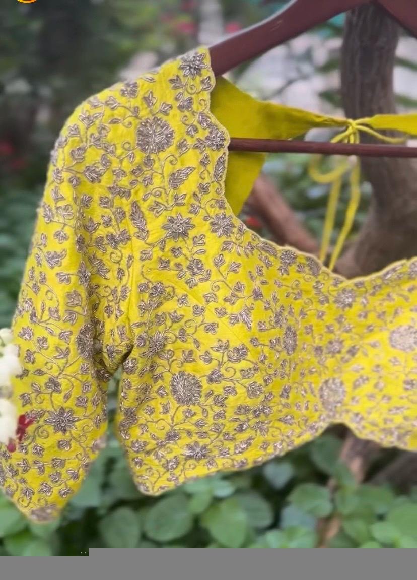 Handmade Pure Silk Bridal Blouse: Yellow Zardosi Embroidery, Maggam Work,heavy bridal blouse,wedding blouse,haldi blouse,yellow maggam blous
