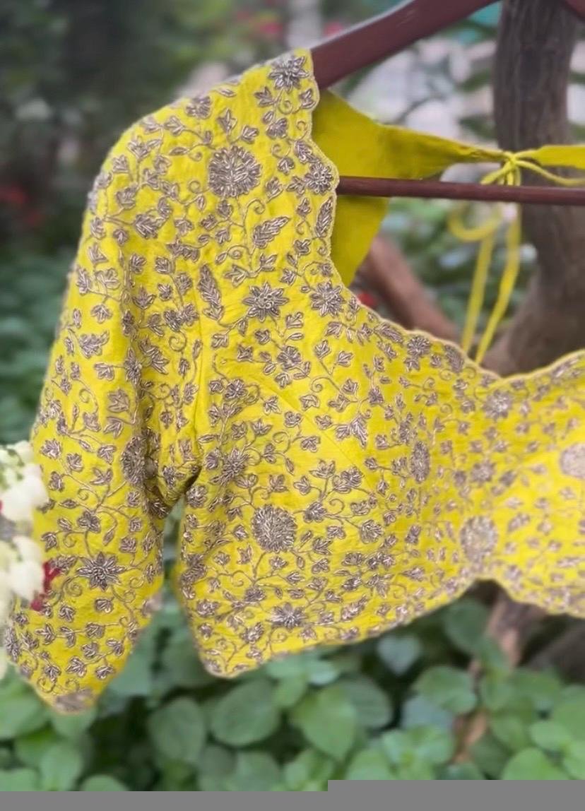 Handmade Pure Silk Bridal Blouse: Yellow Zardosi Embroidery, Maggam Work,heavy bridal blouse,wedding blouse,haldi blouse,yellow maggam blous