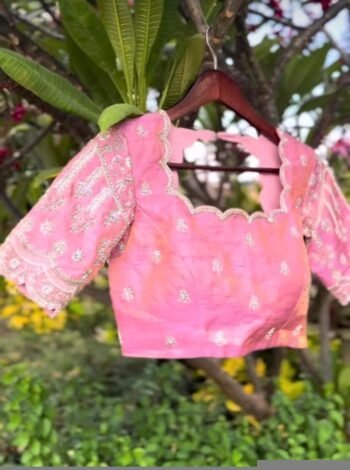 Hand Embroidered Silk Blouse: Light Pink Zardosi Maggam Work,tissue pink blouse,blush pink blouse,light pink maggam saree blouse,plus size