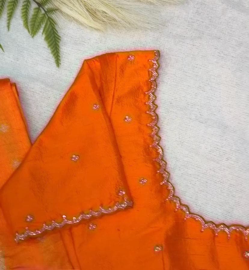 Orange silk hand embroidery blouse/orange saree maggam blouse/orange saree blouse/simplehand embroidered blouse/orange ready made blouse zar