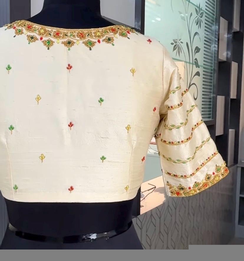 Hand Embroidered Zardosi Silk Blouse: Cream Maggam Work, Elbow Sleeves,cream saree blouse,patola blouse,mix and match blouse,plus size blous