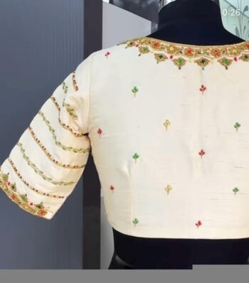 Hand Embroidered Zardosi Silk Blouse: Cream Maggam Work, Elbow Sleeves,cream saree blouse,patola blouse,mix and match blouse,plus size blous