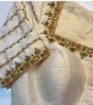 Hand Embroidered Zardosi Silk Blouse: Cream Maggam Work, Elbow Sleeves,cream saree blouse,patola blouse,mix and match blouse,plus size blous