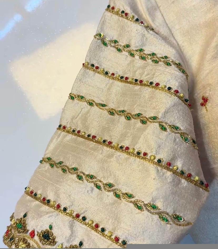Hand Embroidered Zardosi Silk Blouse: Cream Maggam Work, Elbow Sleeves,cream saree blouse,patola blouse,mix and match blouse,plus size blous
