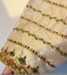 Hand Embroidered Zardosi Silk Blouse: Cream Maggam Work, Elbow Sleeves,cream saree blouse,patola blouse,mix and match blouse,plus size blous