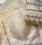 Hand Embroidered Zardosi Silk Blouse: Cream Maggam Work, Elbow Sleeves,cream saree blouse,patola blouse,mix and match blouse,plus size blous