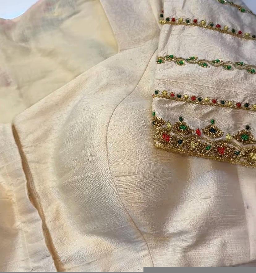 Hand Embroidered Zardosi Silk Blouse: Cream Maggam Work, Elbow Sleeves,cream saree blouse,patola blouse,mix and match blouse,plus size blous
